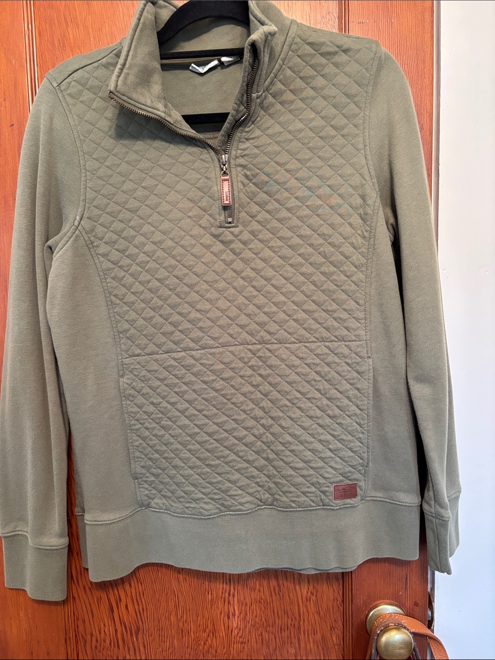 Womens LL Bean Olive Quilted Half-Zip Sweater
